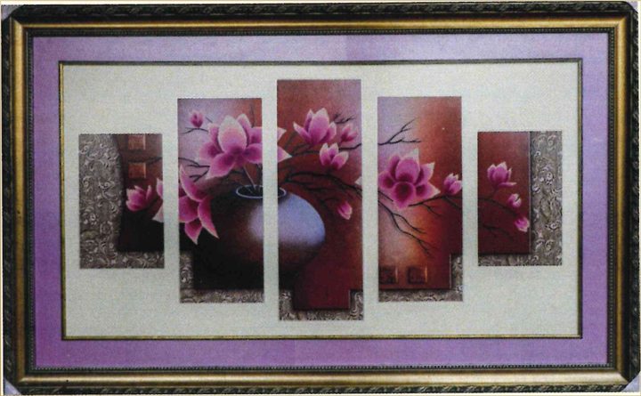 Five cross-stitch panels of pink magnolia blossoms and a pale vase on deep red, mounted on a lilac mat in a dark frame.