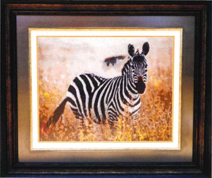 Cross-stitch artwork of a zebra standing in tall golden grass, head turned towards the viewer, in a dark wooden frame with a pale mat.
